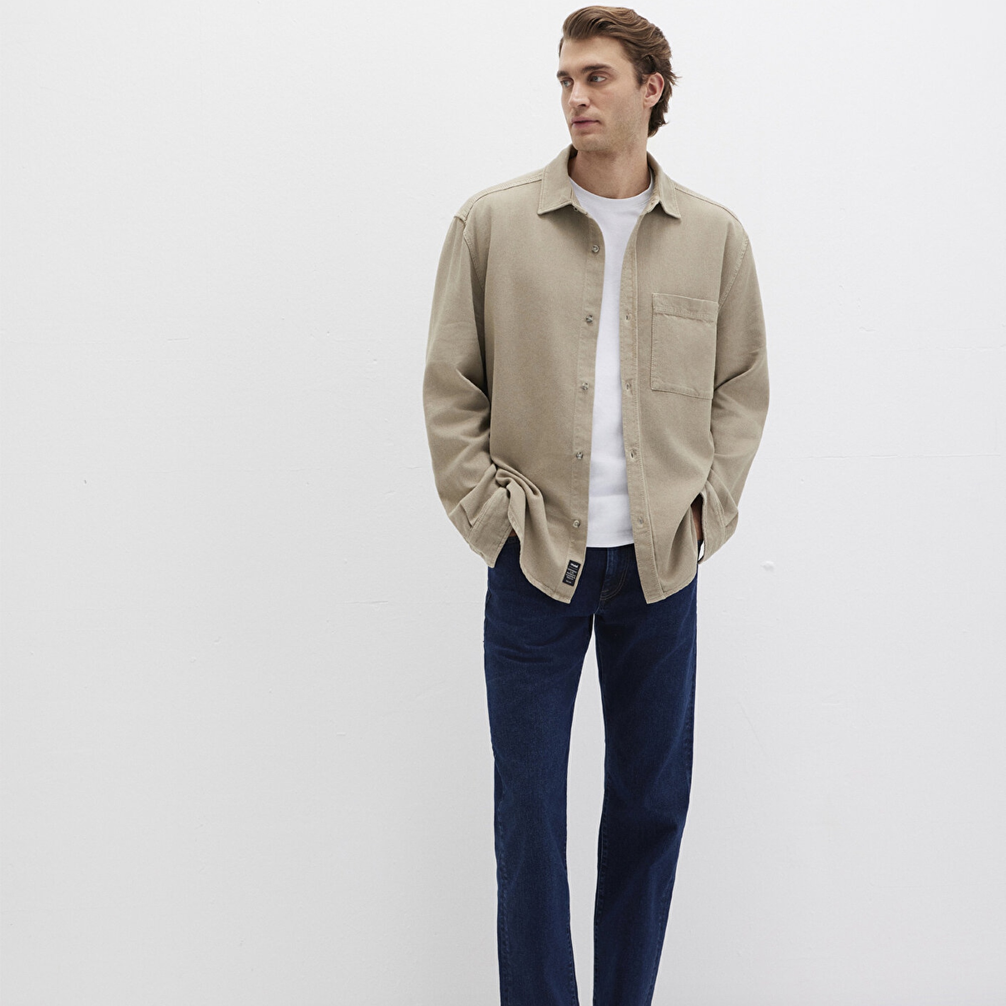 Mavi Cep Detaylı Bej Gömlek Loose Fit / Bol Rahat Kesim 0211760-70360