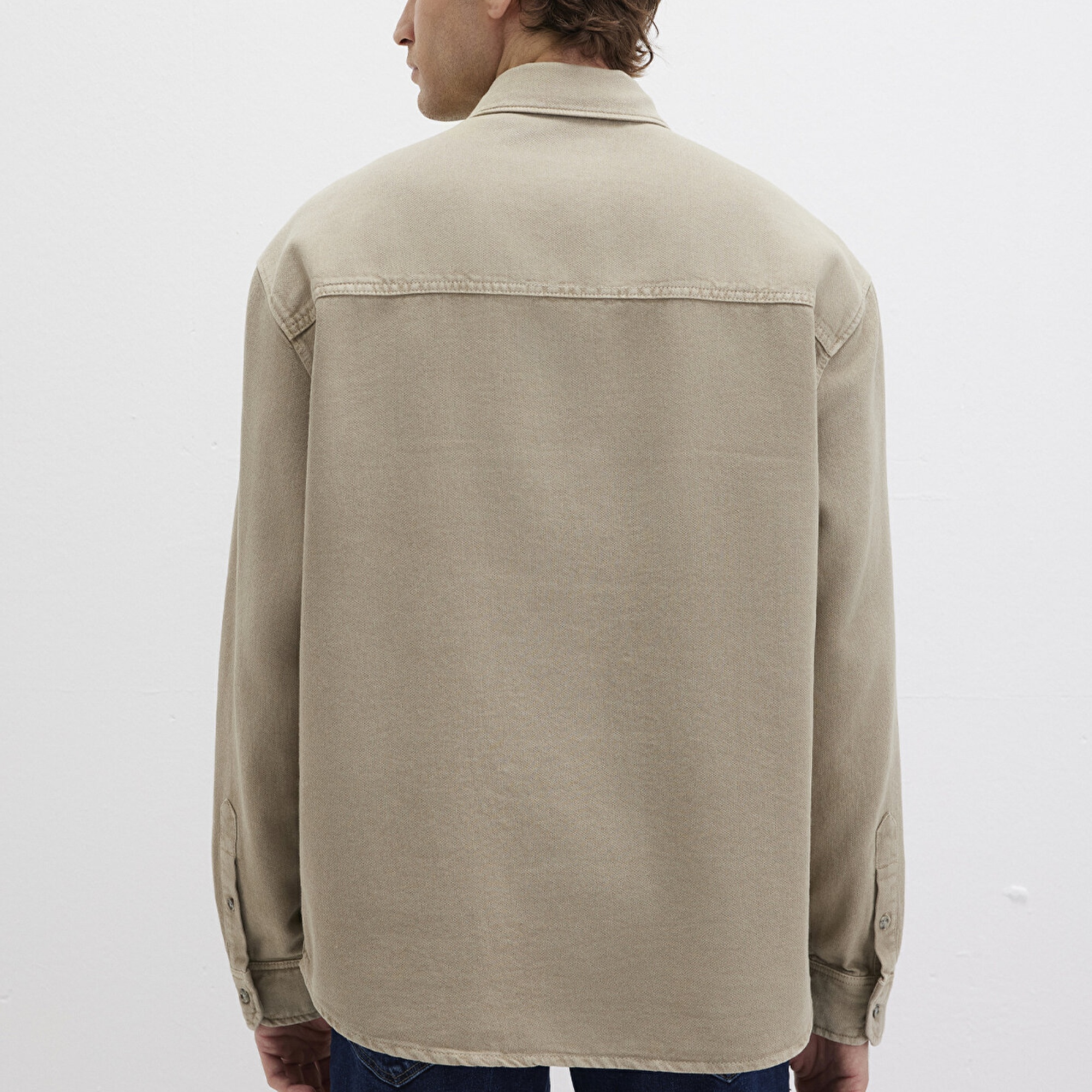 Mavi Cep Detaylı Bej Gömlek Loose Fit / Bol Rahat Kesim 0211760-70360