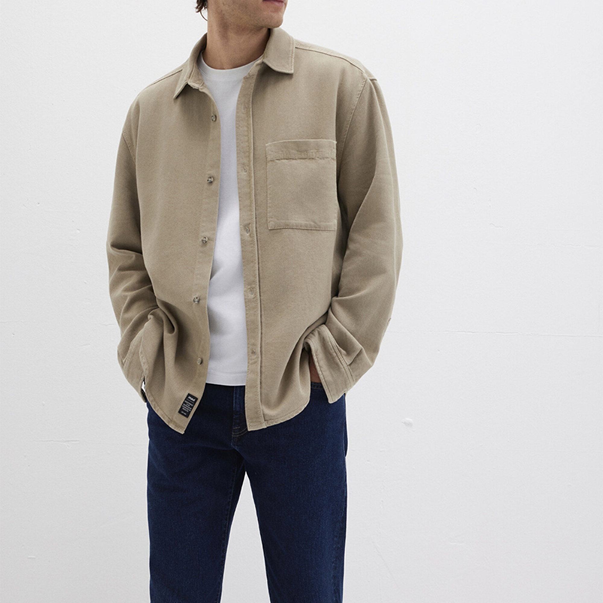 Mavi Cep Detaylı Bej Gömlek Loose Fit / Bol Rahat Kesim 0211760-70360