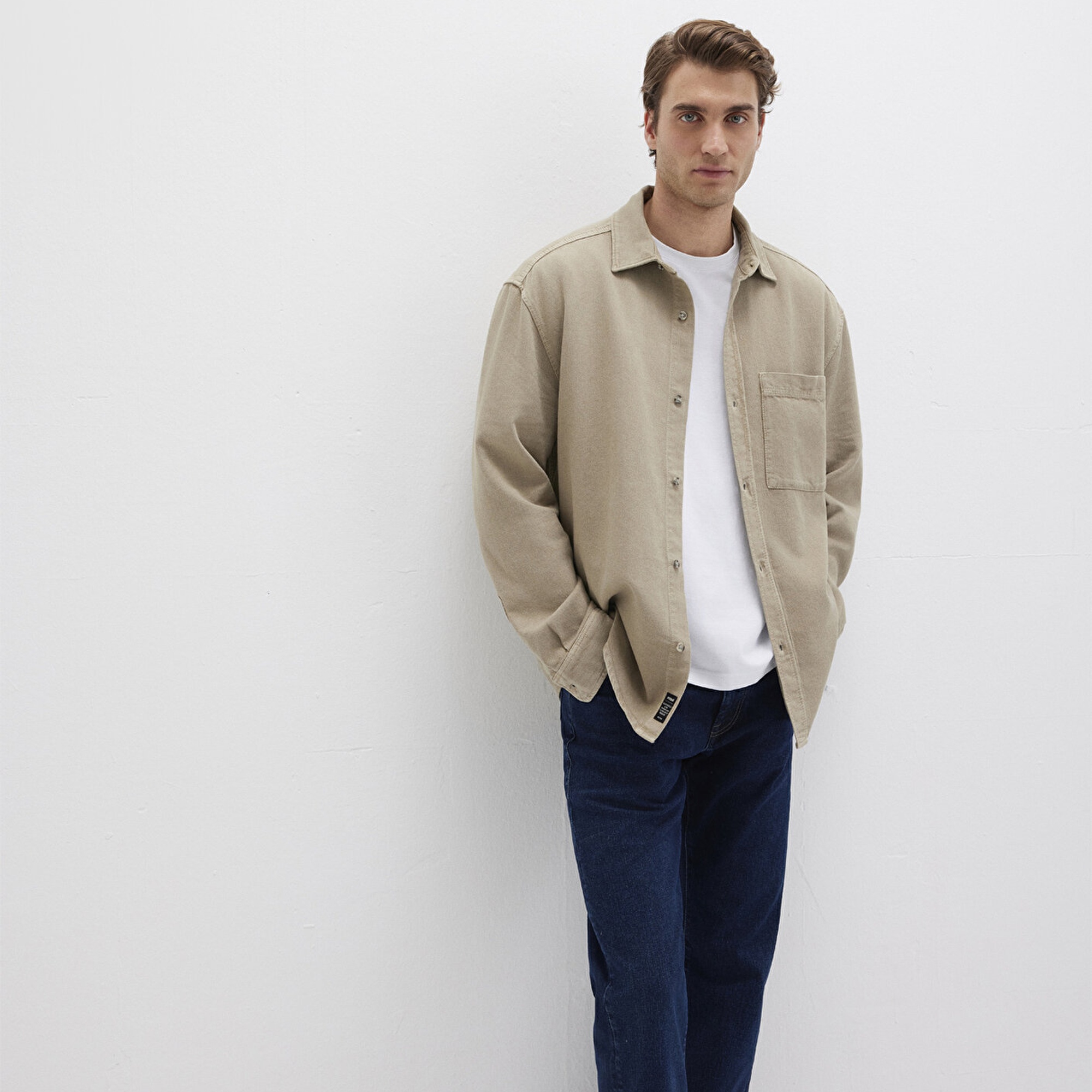 Mavi Cep Detaylı Bej Gömlek Loose Fit / Bol Rahat Kesim 0211760-70360