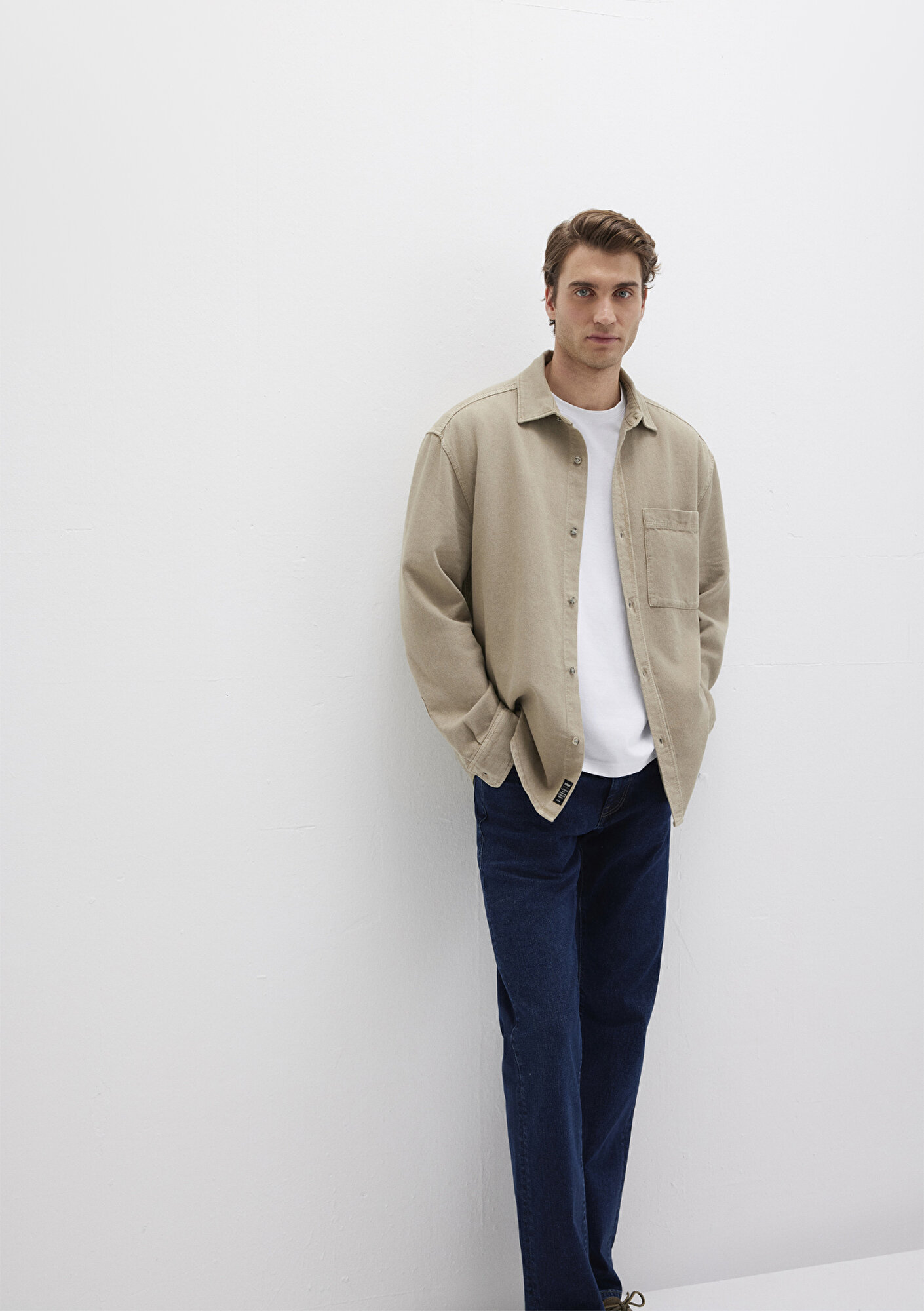  Mavi Cep Detaylı Bej Gömlek Loose Fit / Bol Rahat Kesim 0211760-70360