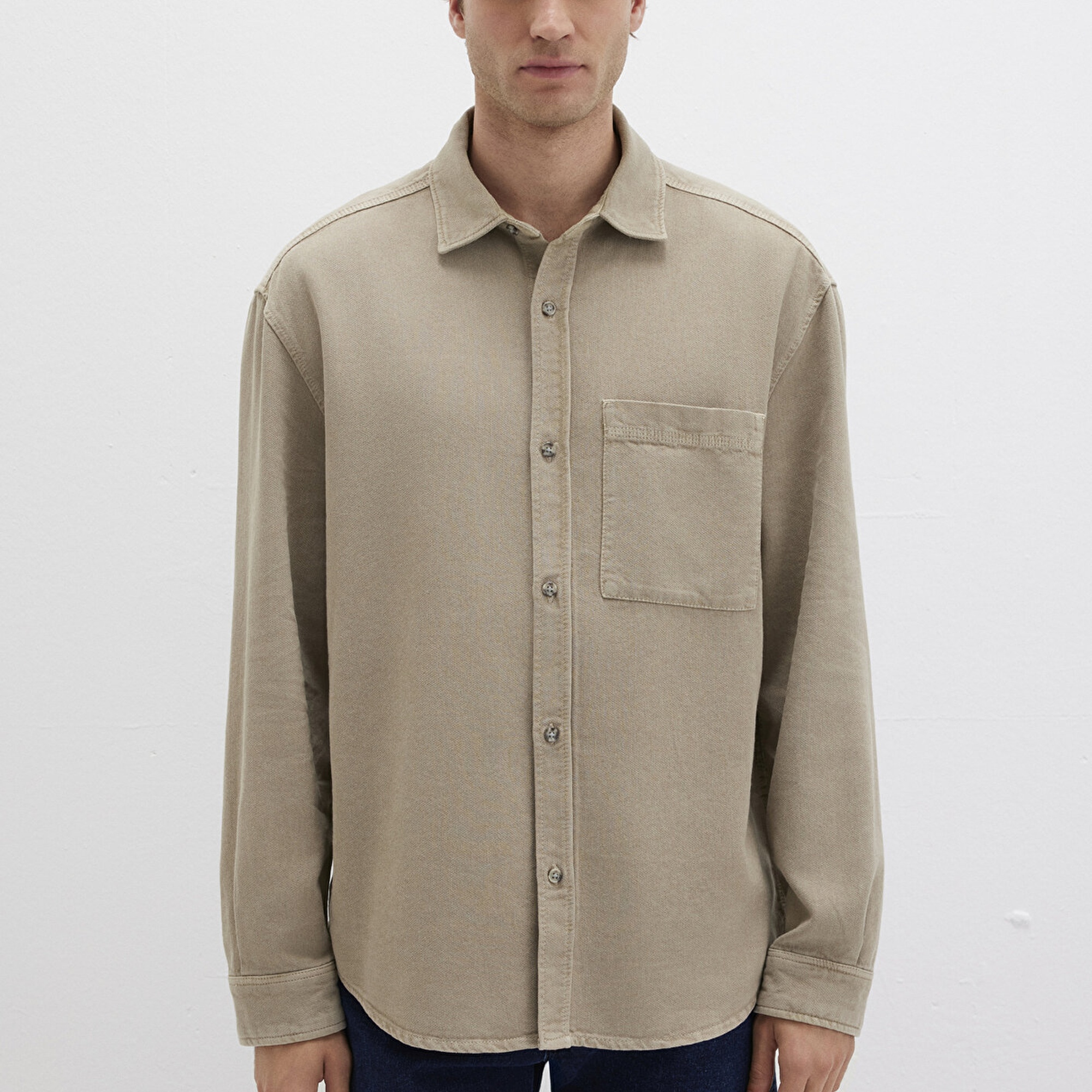 Mavi Cep Detaylı Bej Gömlek Loose Fit / Bol Rahat Kesim 0211760-70360