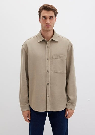  Mavi Cep Detaylı Bej Gömlek Loose Fit / Bol Rahat Kesim 0211760-70360