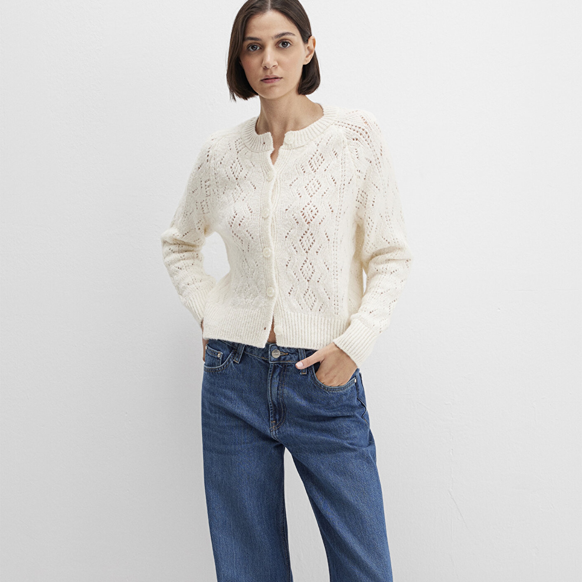 Mavi Yün Karışımlı Ekru Hırka Slim Fit / Dar Kesim 1710812-70057