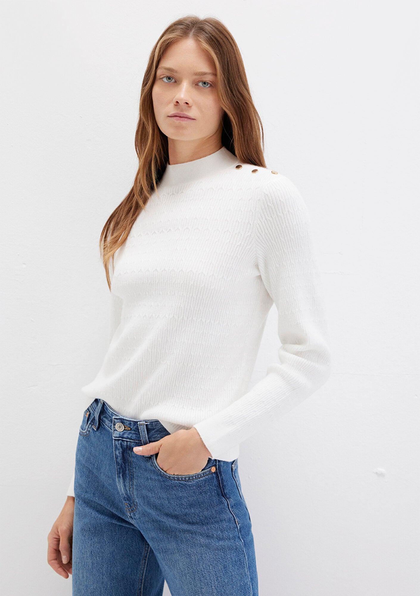  Mavi Omuz Detaylı Ekru Kazak Slim Fit / Dar Kesim 1710798-70057