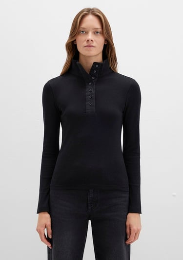  Mavi Düğme Detaylı Dik Yaka Siyah Tişört Fitted / Vücuda Oturan Kesim 1613614-900