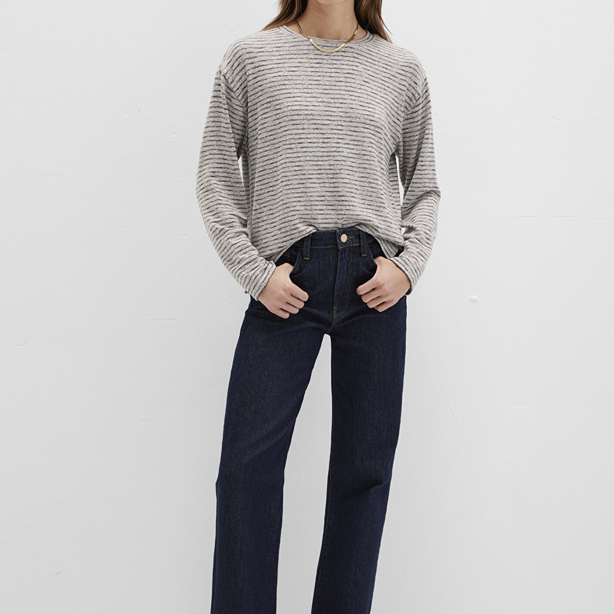 Mavi Bisiklet Yaka Çizgili T-Shirt Regular Fit / Normal Kesim 1613600-91236