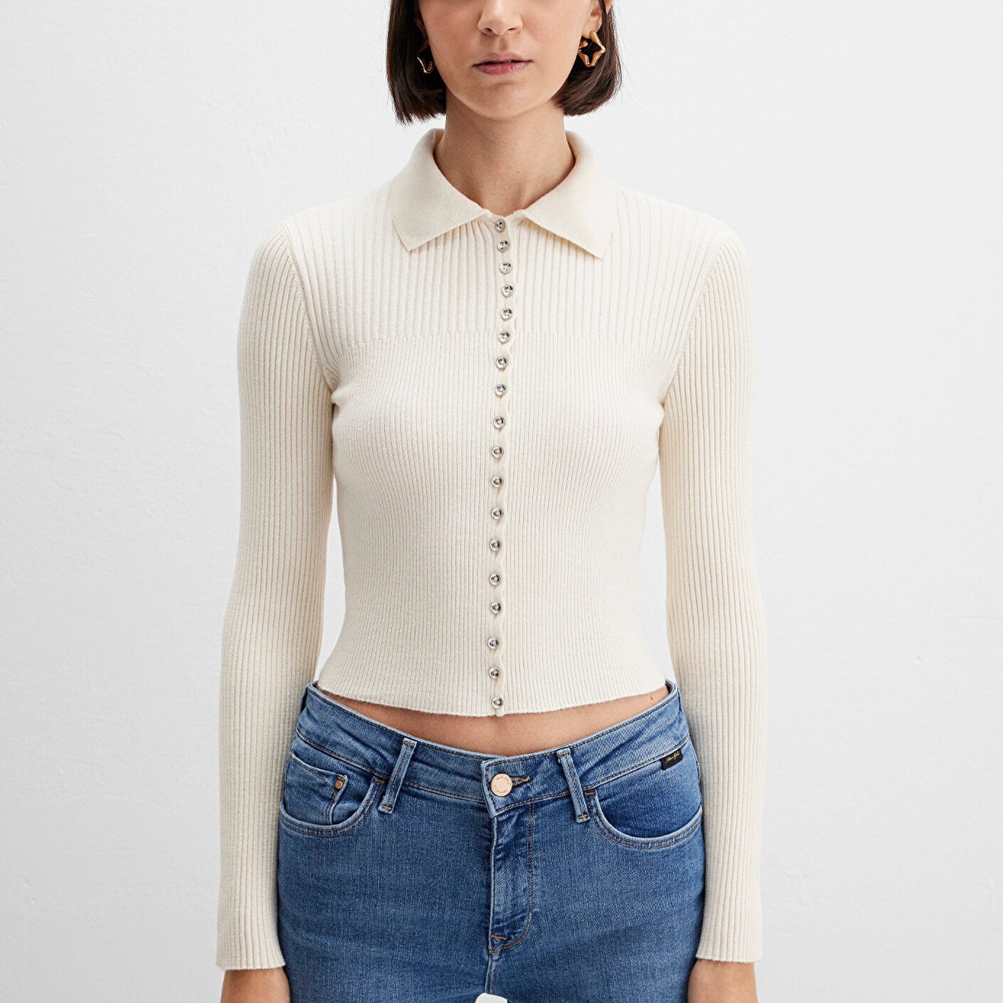 Mavi Düğmeli Ekru Triko Polo 1710787-80194