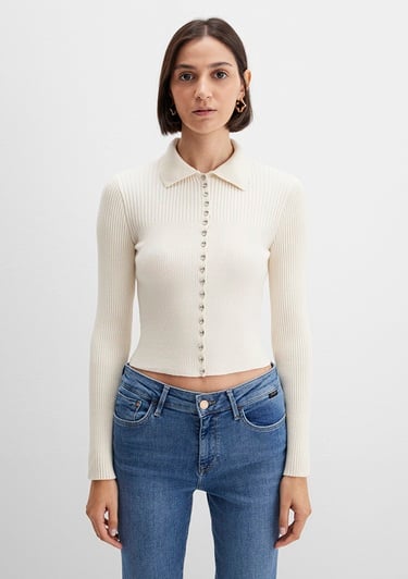  Mavi Düğmeli Ekru Triko Polo 1710787-80194