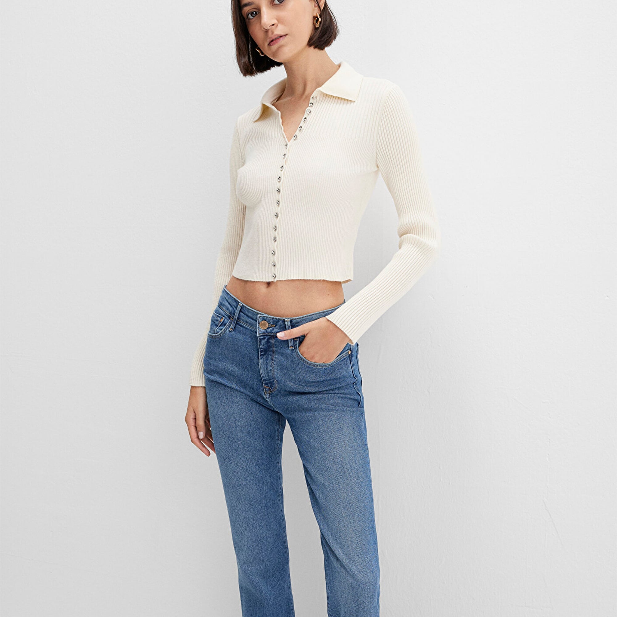 Mavi Düğmeli Ekru Triko Polo 1710787-80194