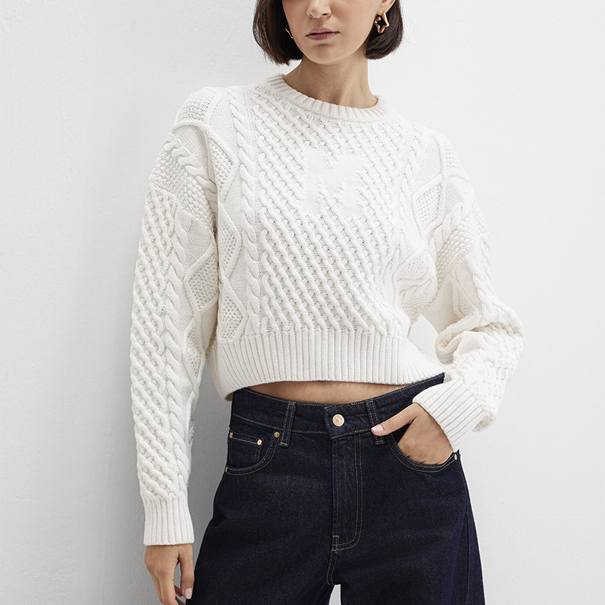 Mavi M Logo Crop Ekru Kazak Loose 1710796-80194