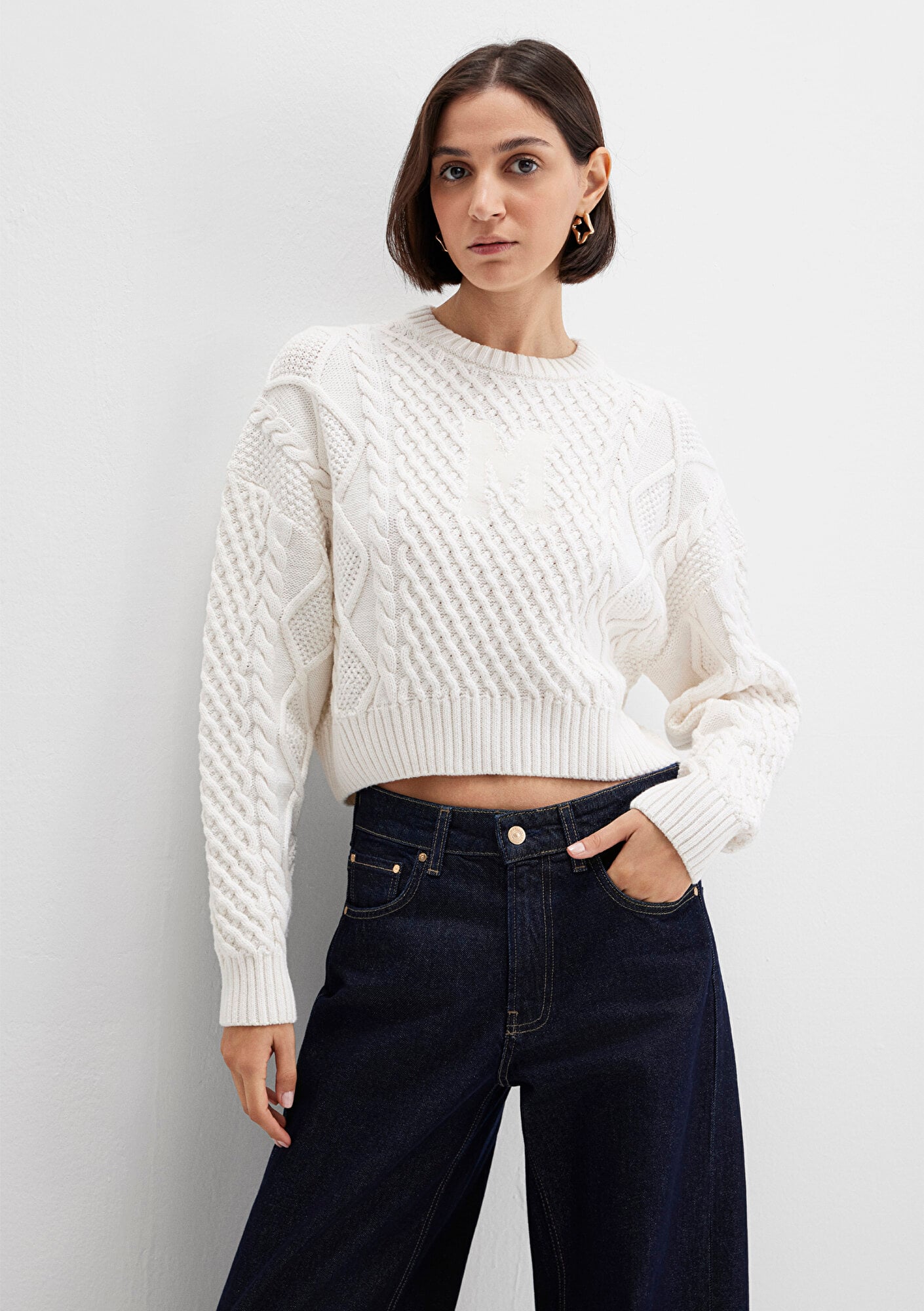  Mavi M Logo Crop Ekru Kazak Loose 1710796-80194