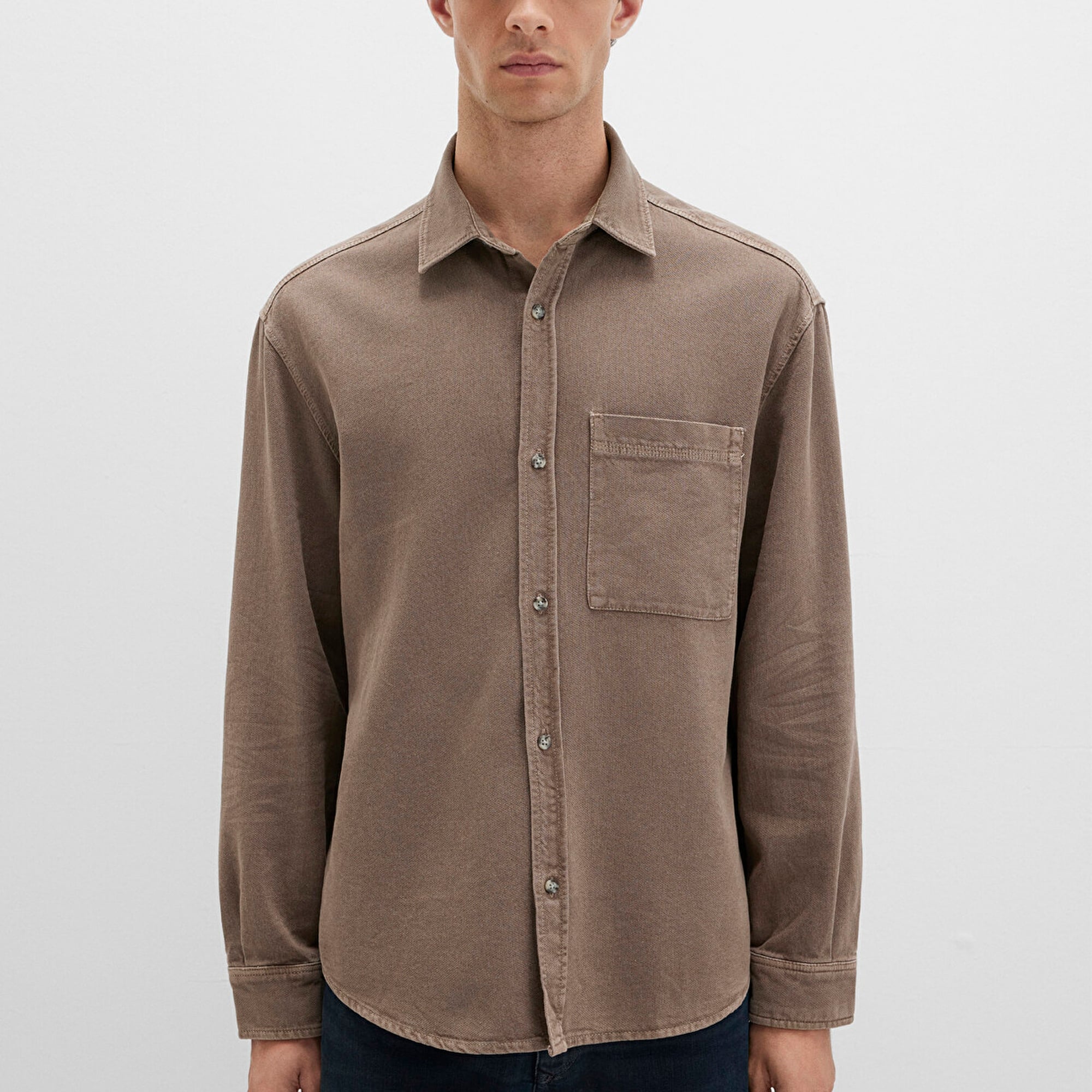 Mavi Cep Detaylı Kahverengi Gömlek Loose Fit / Bol Rahat Kesim 0211760-70380