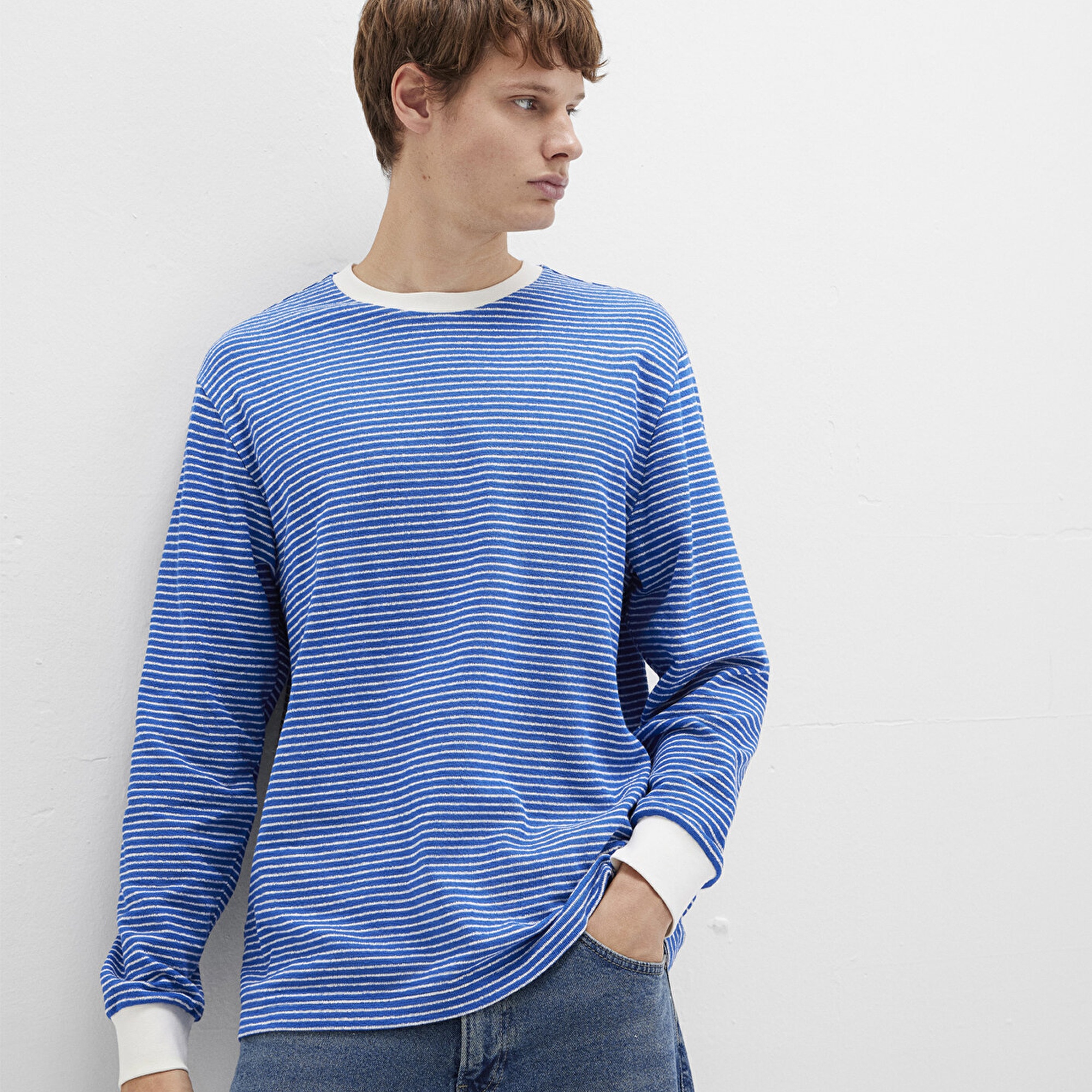 Mavi Çizgili Mavi Tişört Loose Fit / Bol Rahat Kesim 0613038-81330