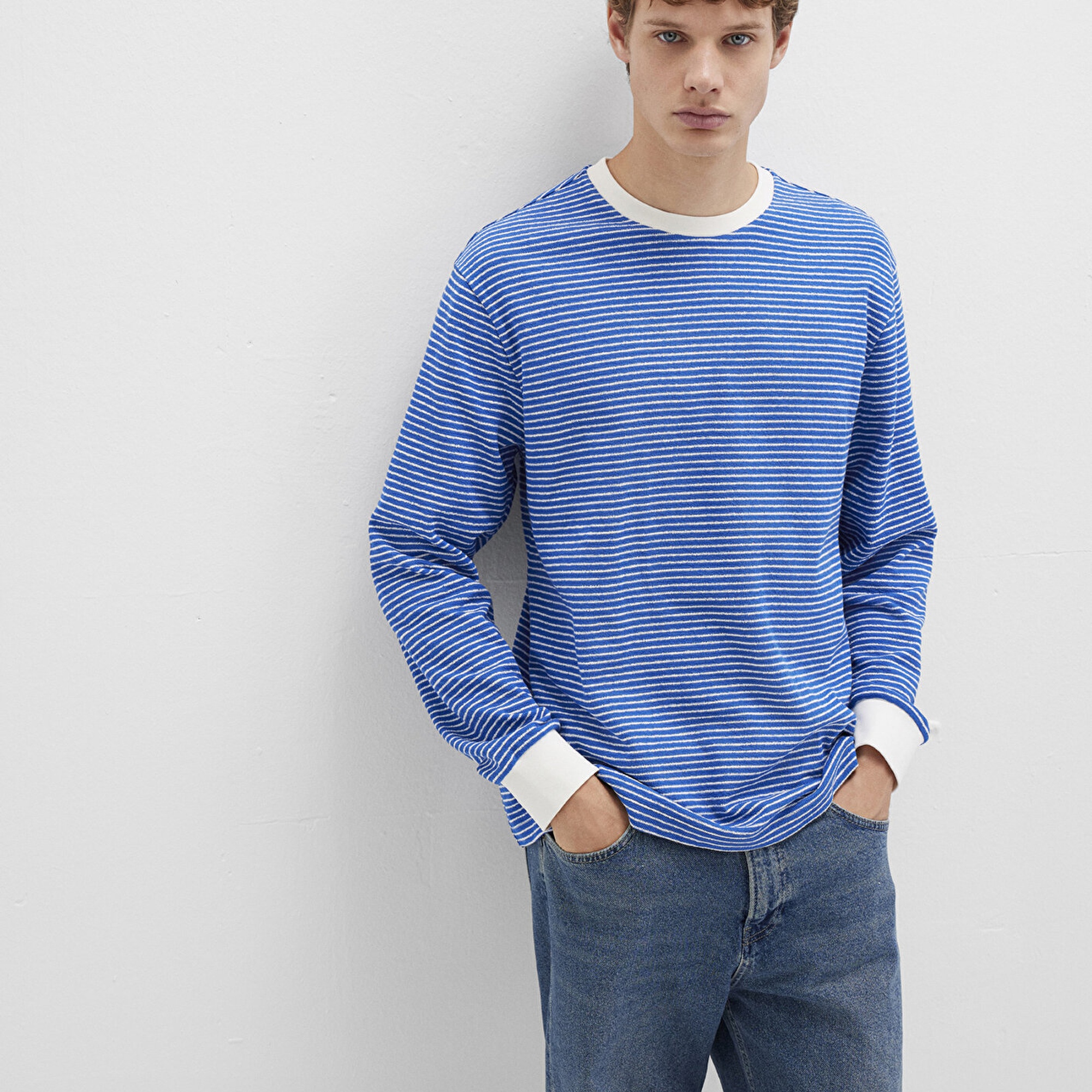 Mavi Çizgili Mavi Tişört Loose Fit / Bol Rahat Kesim 0613038-81330