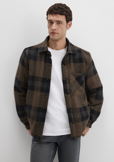  Mavi Yün Karışımlı Kareli Ceket Oversize / Geniş Kesim 0110749-91230