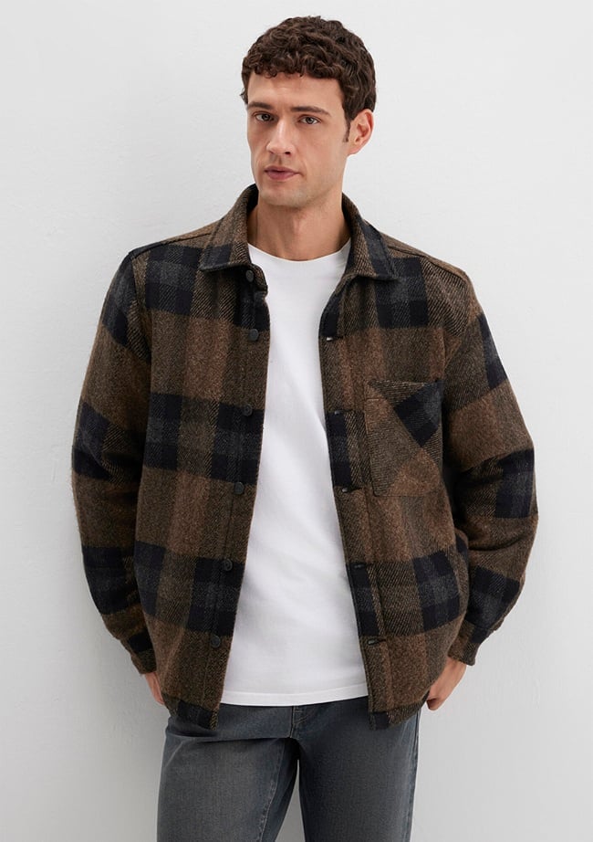  Mavi Yün Karışımlı Kareli Ceket Oversize / Geniş Kesim 0110749-91230