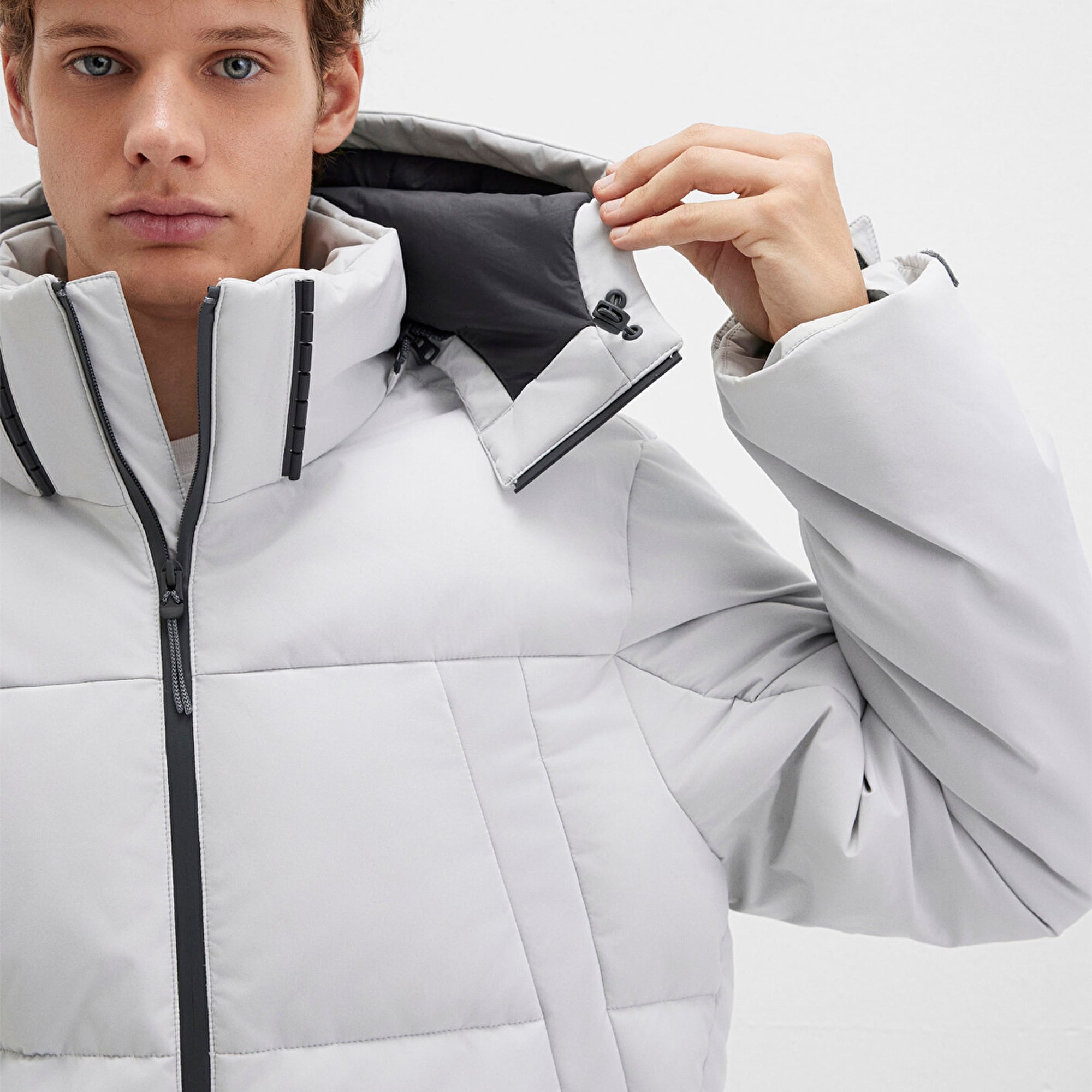 Mavi Kapüşonlu Gri Şişme Mont 0110675-70074