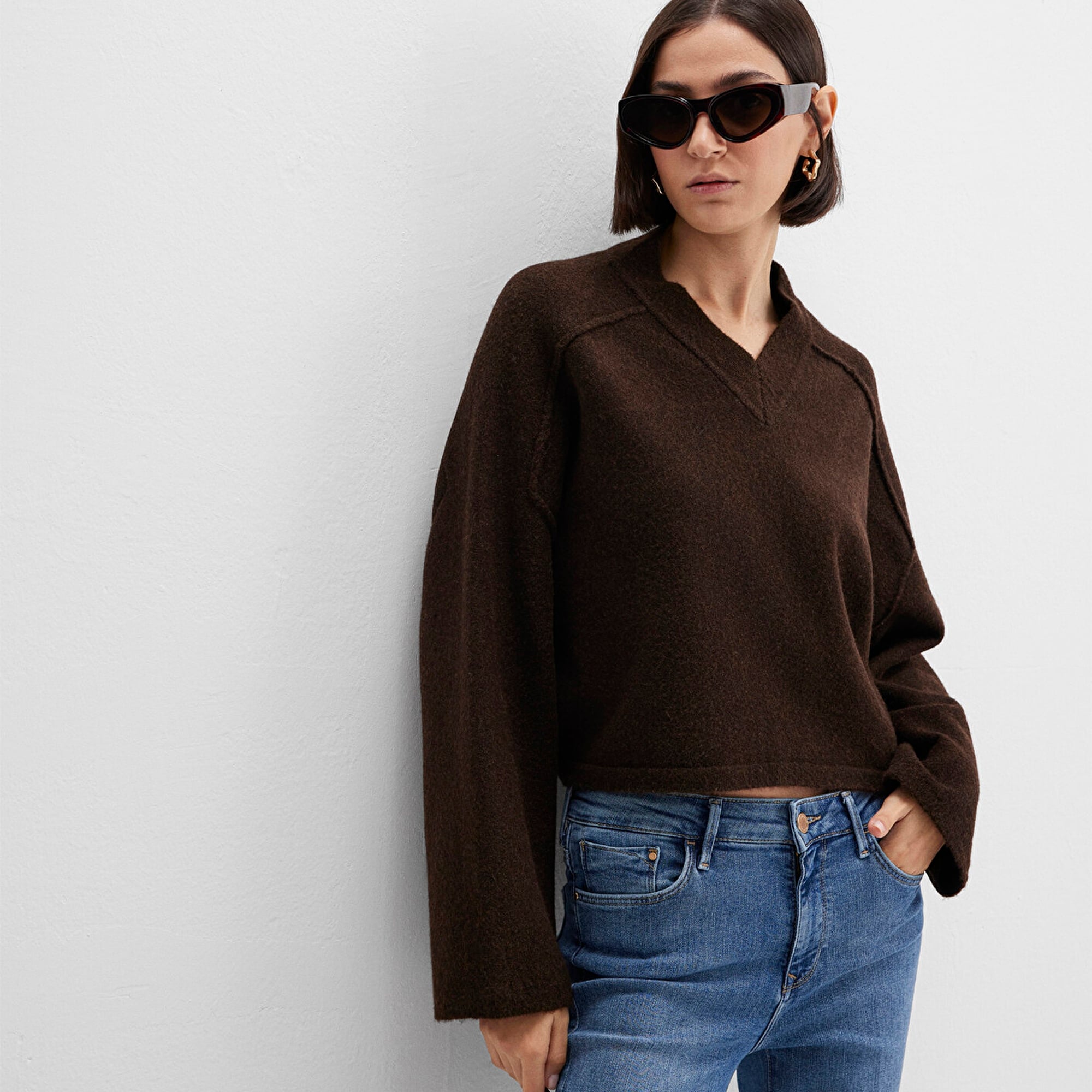 Mavi Yün Karışımlı Kahverengi Kazak Boxy Fit 1710626-88615