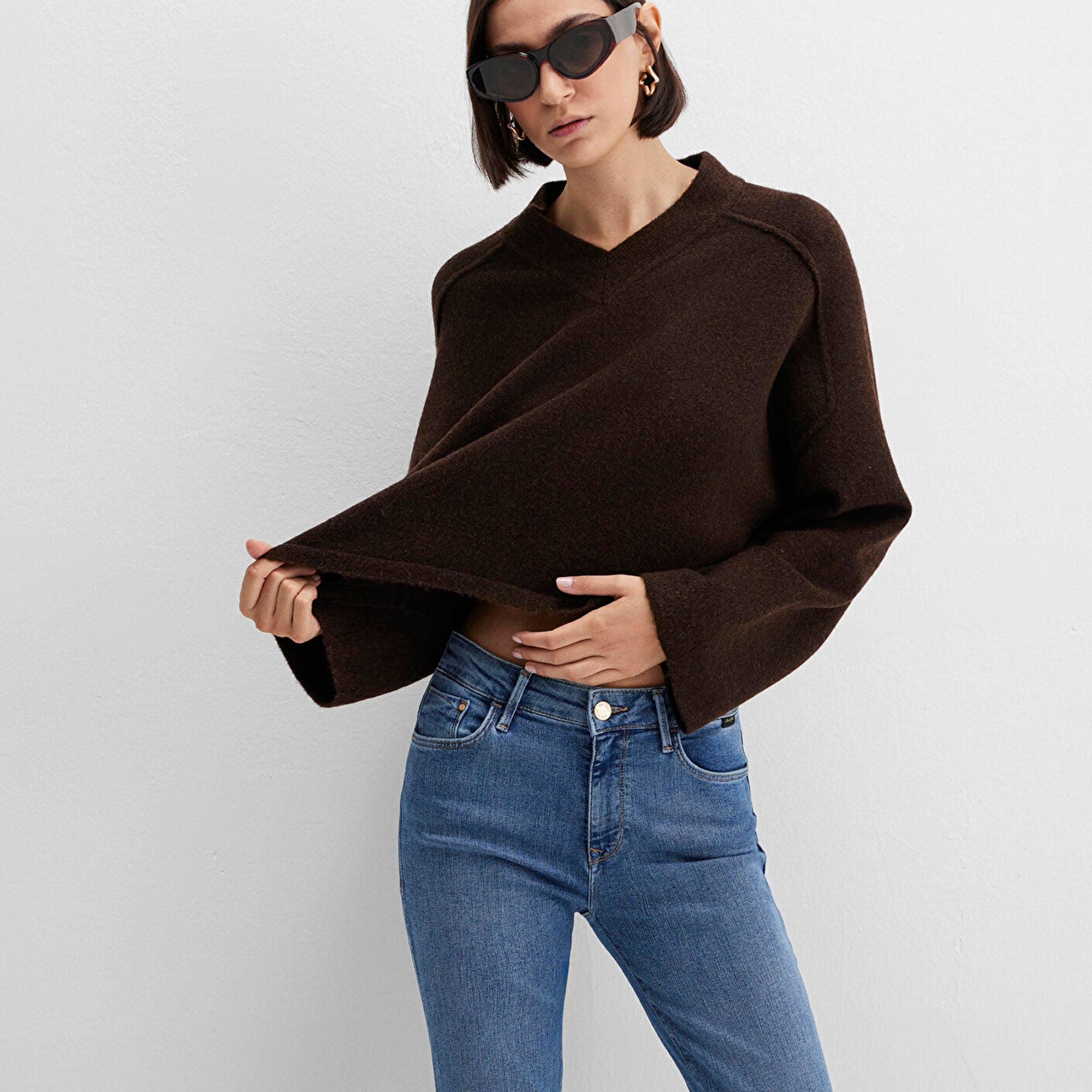 Mavi Yün Karışımlı Kahverengi Kazak Boxy Fit 1710626-88615