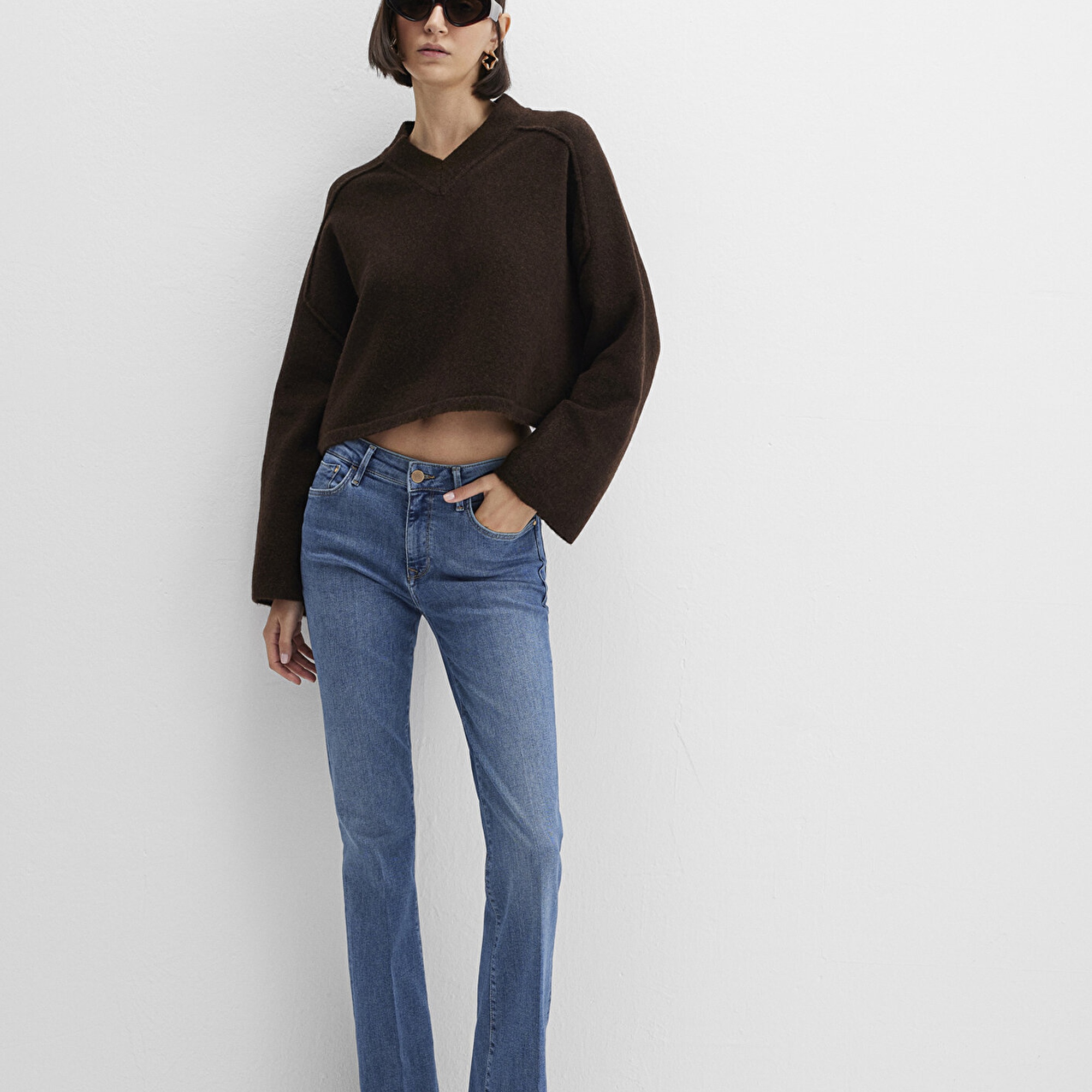 Mavi Yün Karışımlı Kahverengi Kazak Boxy Fit 1710626-88615