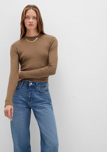  Mavi Uzun Kollu Kahverengi Tişört Slim Fit / Dar Kesim 1613352-71590