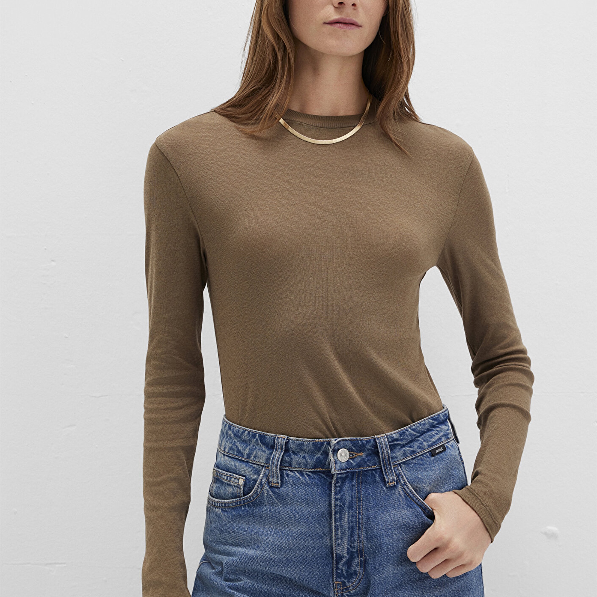 Mavi Uzun Kollu Kahverengi Tişört Slim Fit / Dar Kesim 1613352-71590