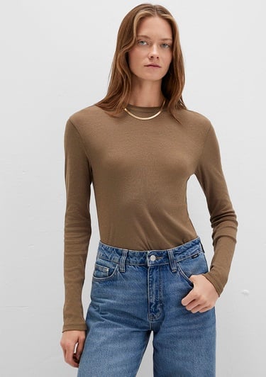  Mavi Uzun Kollu Kahverengi Tişört Slim Fit / Dar Kesim 1613352-71590