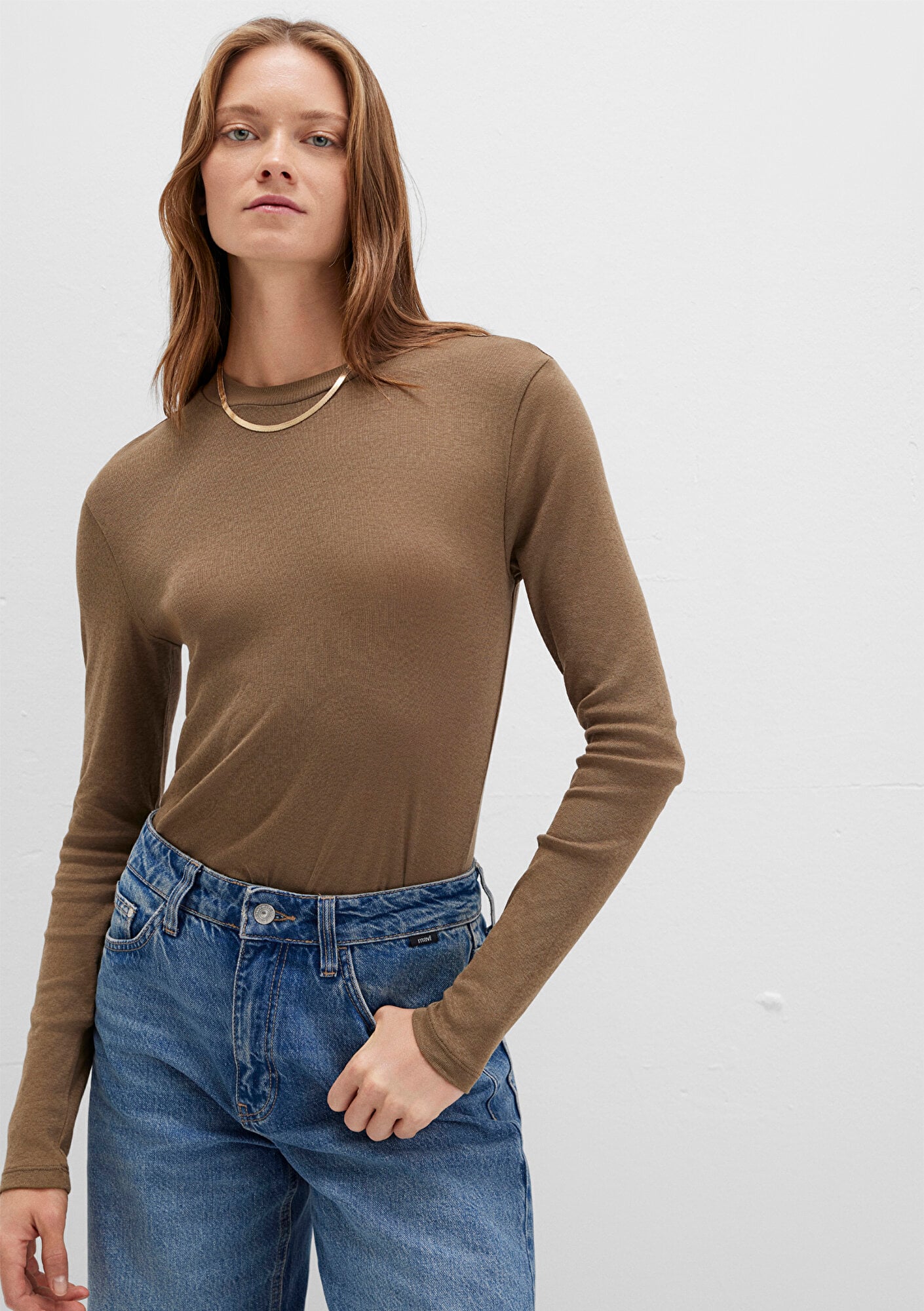  Mavi Uzun Kollu Kahverengi Tişört Slim Fit / Dar Kesim 1613352-71590