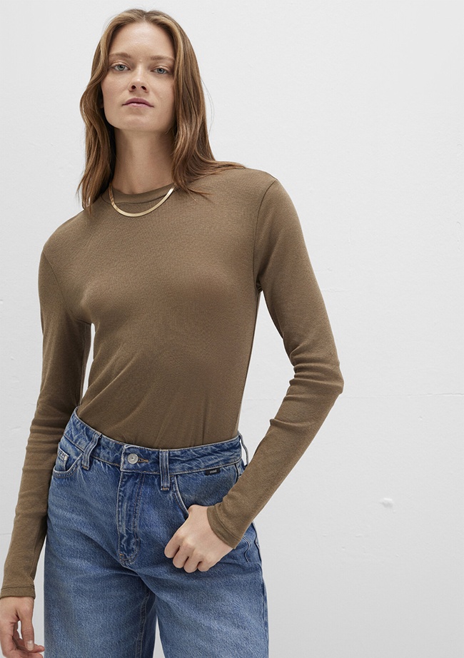  Mavi Uzun Kollu Kahverengi Tişört Slim Fit / Dar Kesim 1613352-71590