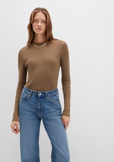  Mavi Uzun Kollu Kahverengi Tişört Slim Fit / Dar Kesim 1613352-71590