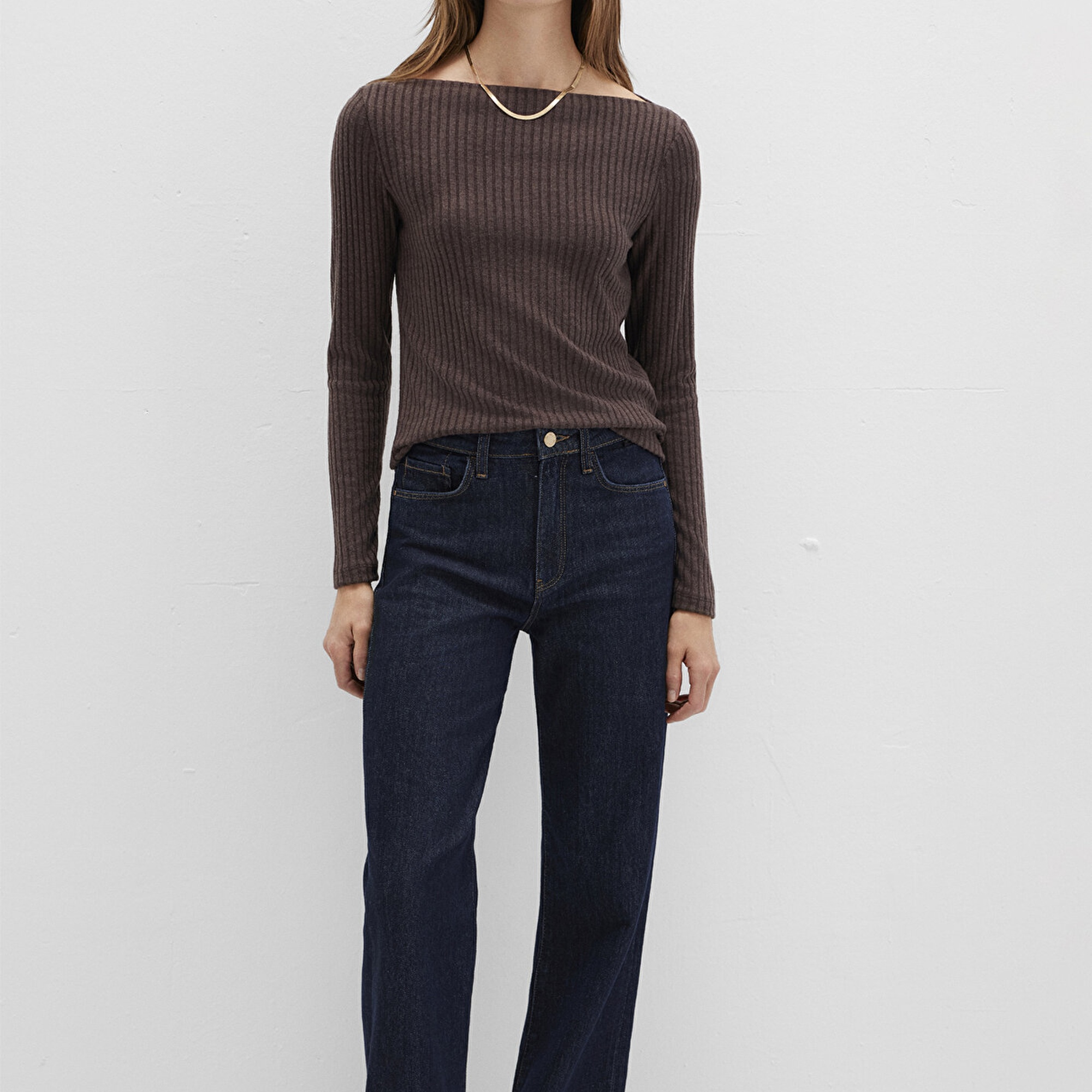 Mavi Uzun Kollu Kahverengi Tişört Slim Fit / Dar Kesim 1613596-88067