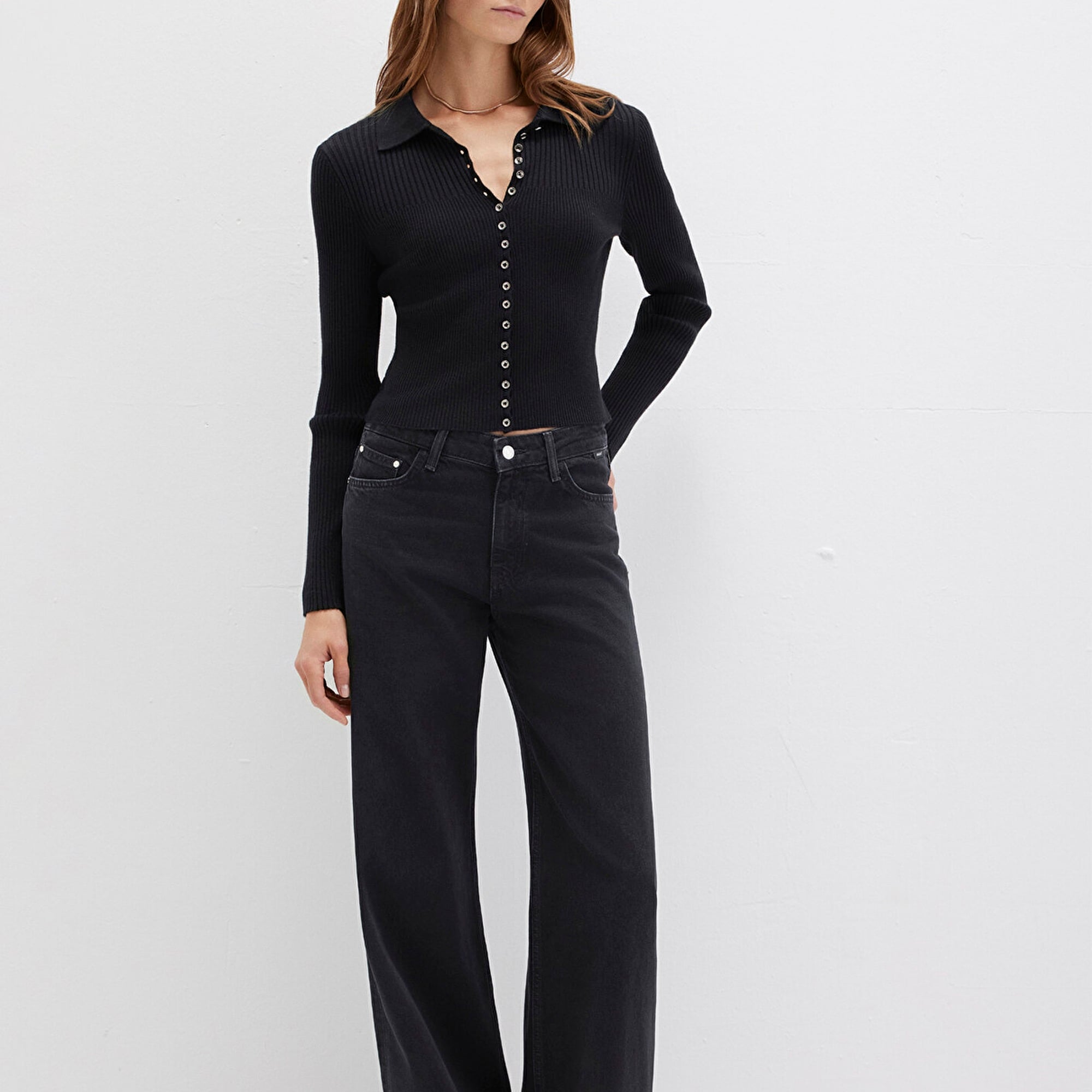 Mavi Düğmeli Siyah Triko Polo 1710787-900