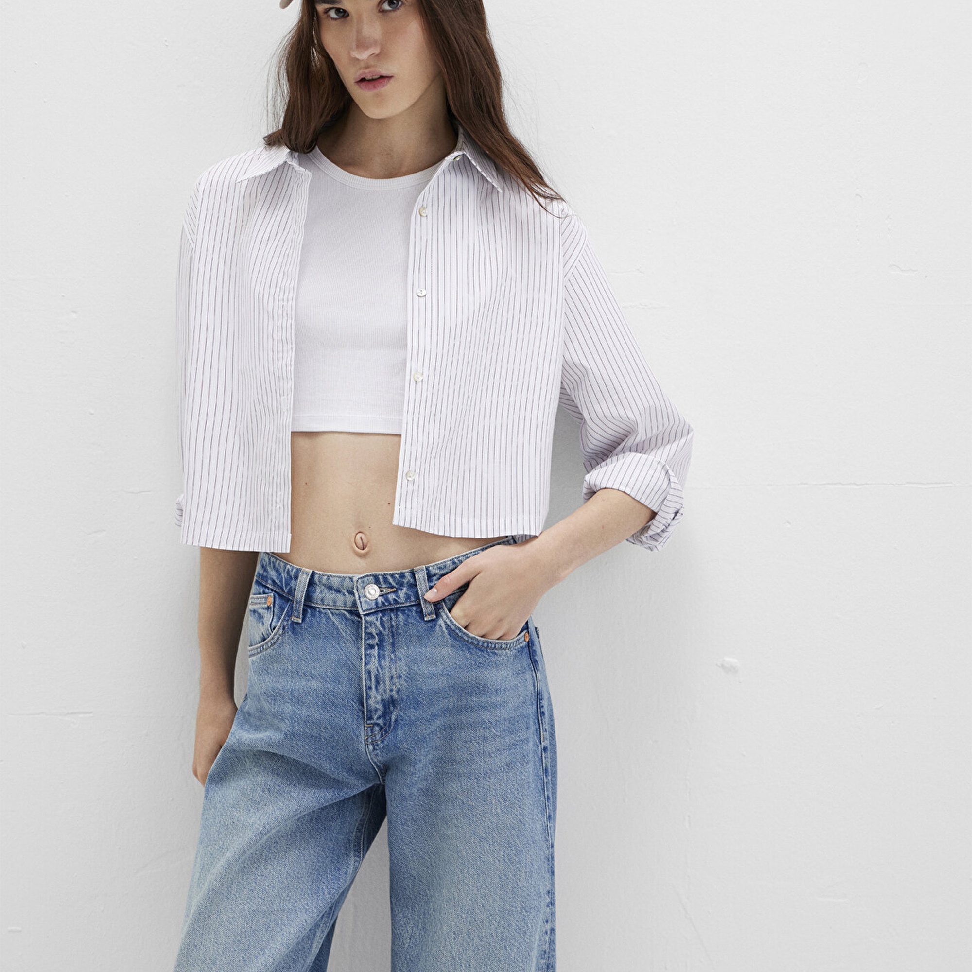 Mavi Çizgili Bordo Gömlek Crop / Kısa Kesim 1211297-88614