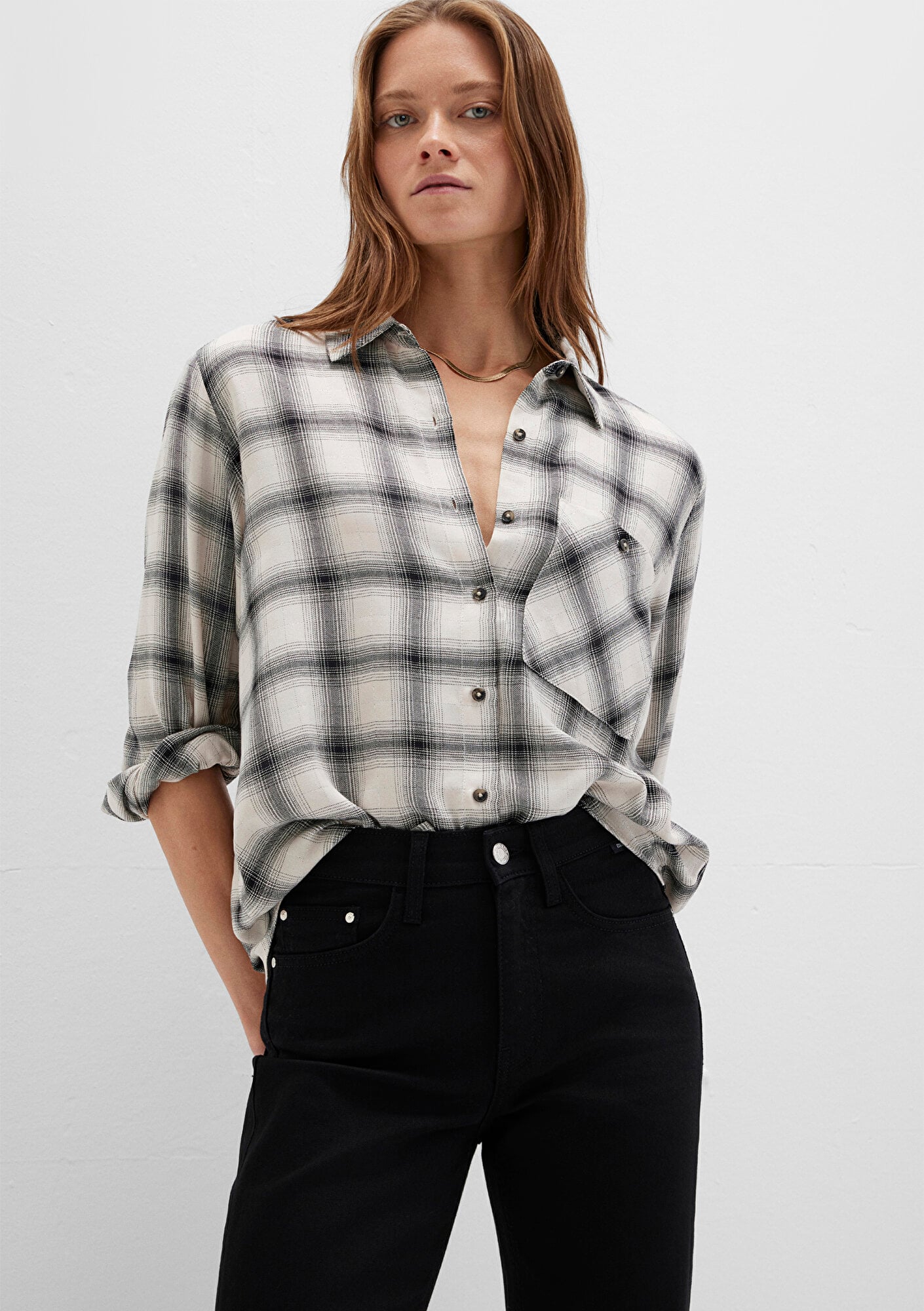  Mavi Kareli Bej Gömlek Loose Fit / Bol Rahat Kesim 1211282-80933