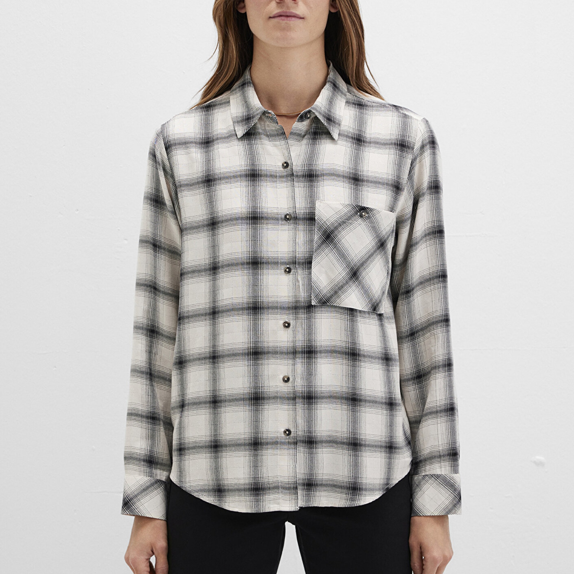 Mavi Kareli Bej Gömlek Loose Fit / Bol Rahat Kesim 1211282-80933