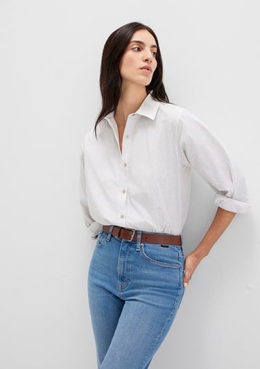  Mavi Çizgili Beyaz Gömlek Loose Fit / Bol Rahat Kesim 1211292-83980