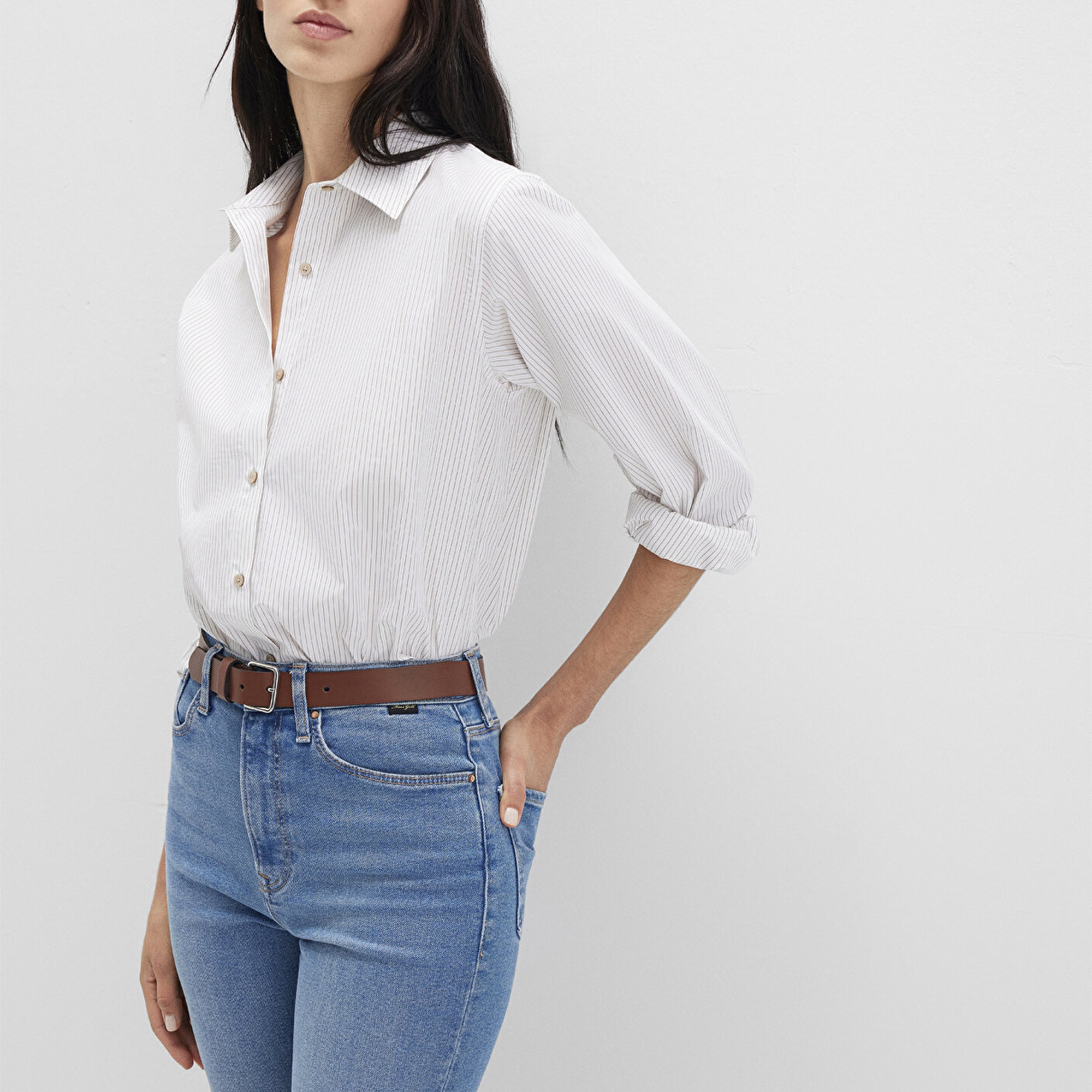 Mavi Çizgili Beyaz Gömlek Loose Fit / Bol Rahat Kesim 1211292-83980