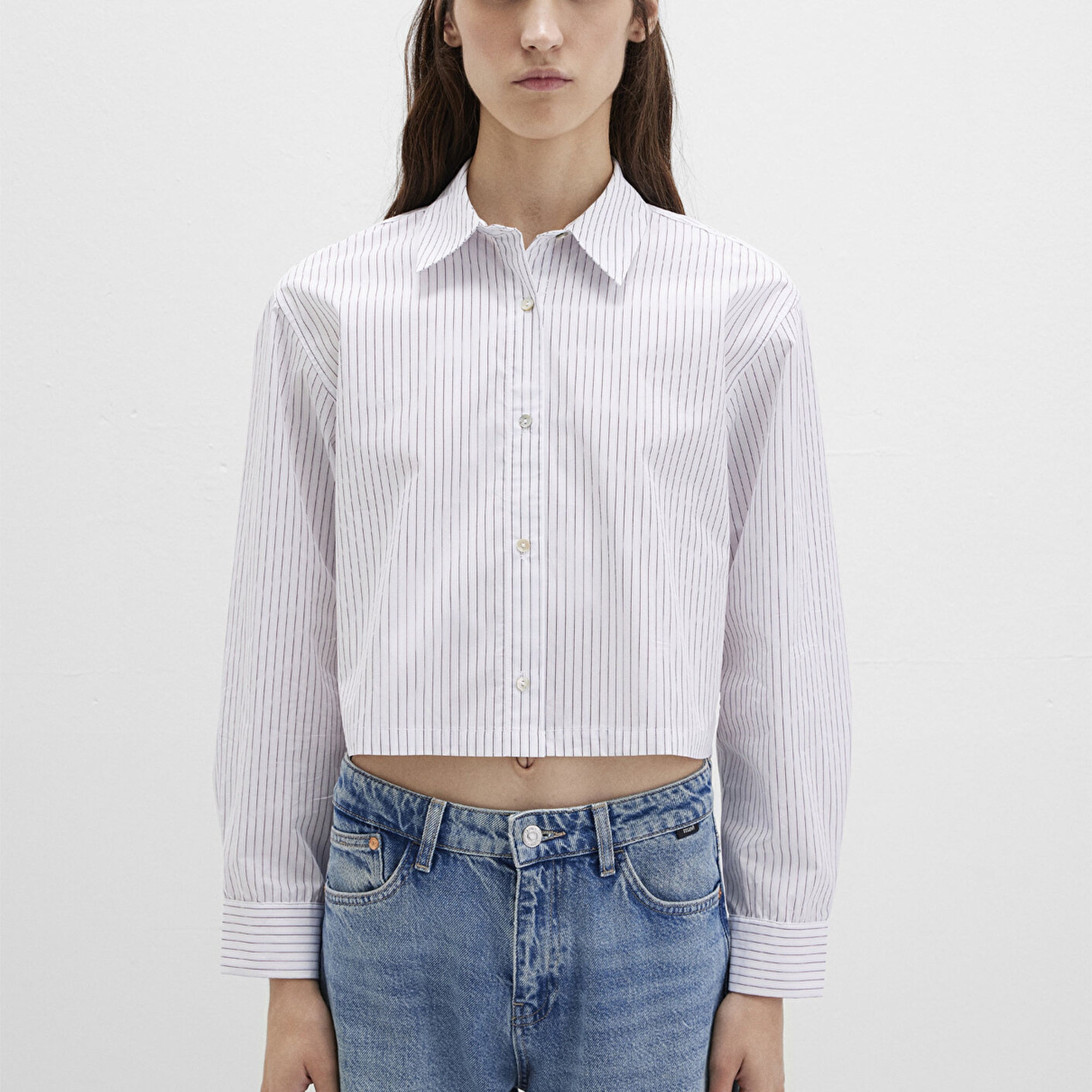 Mavi Çizgili Bordo Gömlek Crop / Kısa Kesim 1211297-88614