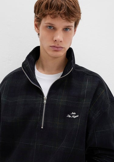  Mavi Yarı Fermuarlı Kareli Siyah Gömlek Oversize / Geniş Kesim 0211777-91298