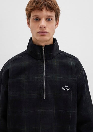  Mavi Yarı Fermuarlı Kareli Siyah Gömlek Oversize / Geniş Kesim 0211777-91298