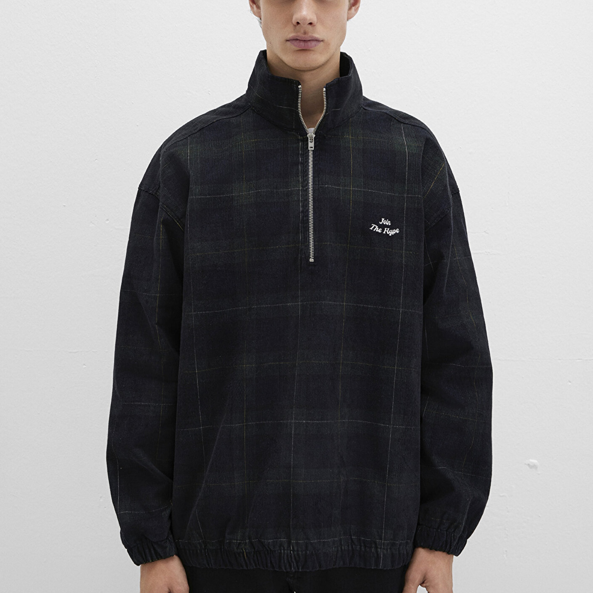 Mavi Yarı Fermuarlı Kareli Siyah Gömlek Oversize / Geniş Kesim 0211777-91298