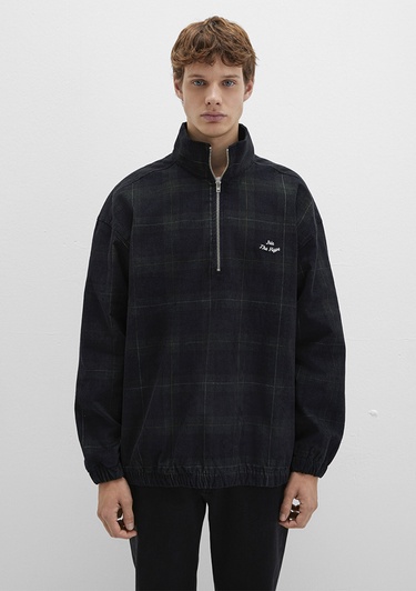  Mavi Yarı Fermuarlı Kareli Siyah Gömlek Oversize / Geniş Kesim 0211777-91298