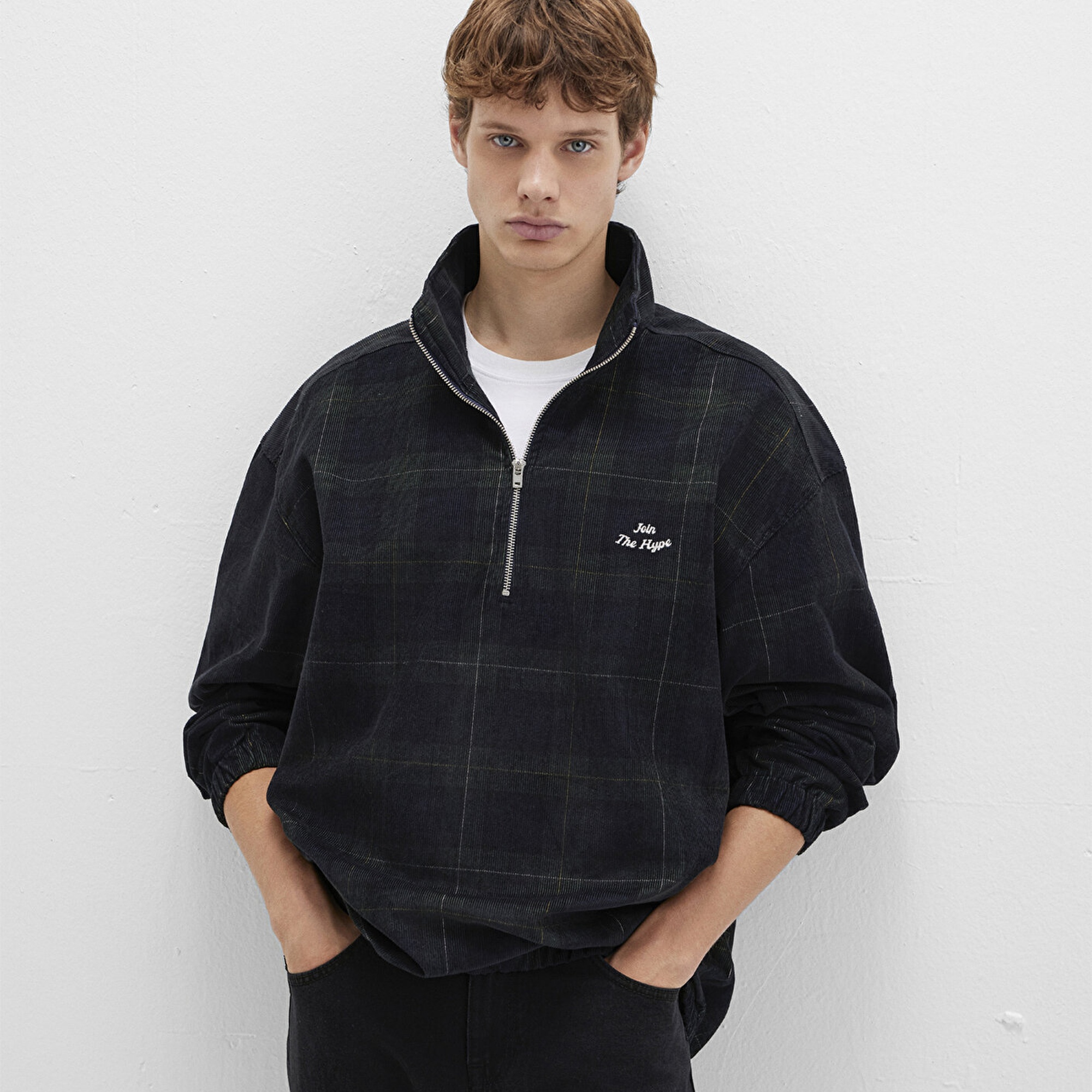 Mavi Yarı Fermuarlı Kareli Siyah Gömlek Oversize / Geniş Kesim 0211777-91298