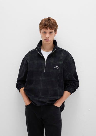  Mavi Yarı Fermuarlı Kareli Siyah Gömlek Oversize / Geniş Kesim 0211777-91298