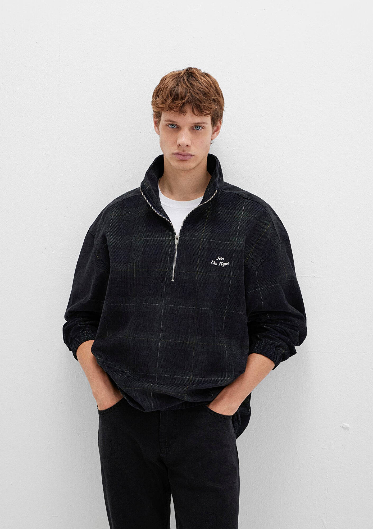  Mavi Yarı Fermuarlı Kareli Siyah Gömlek Oversize / Geniş Kesim 0211777-91298