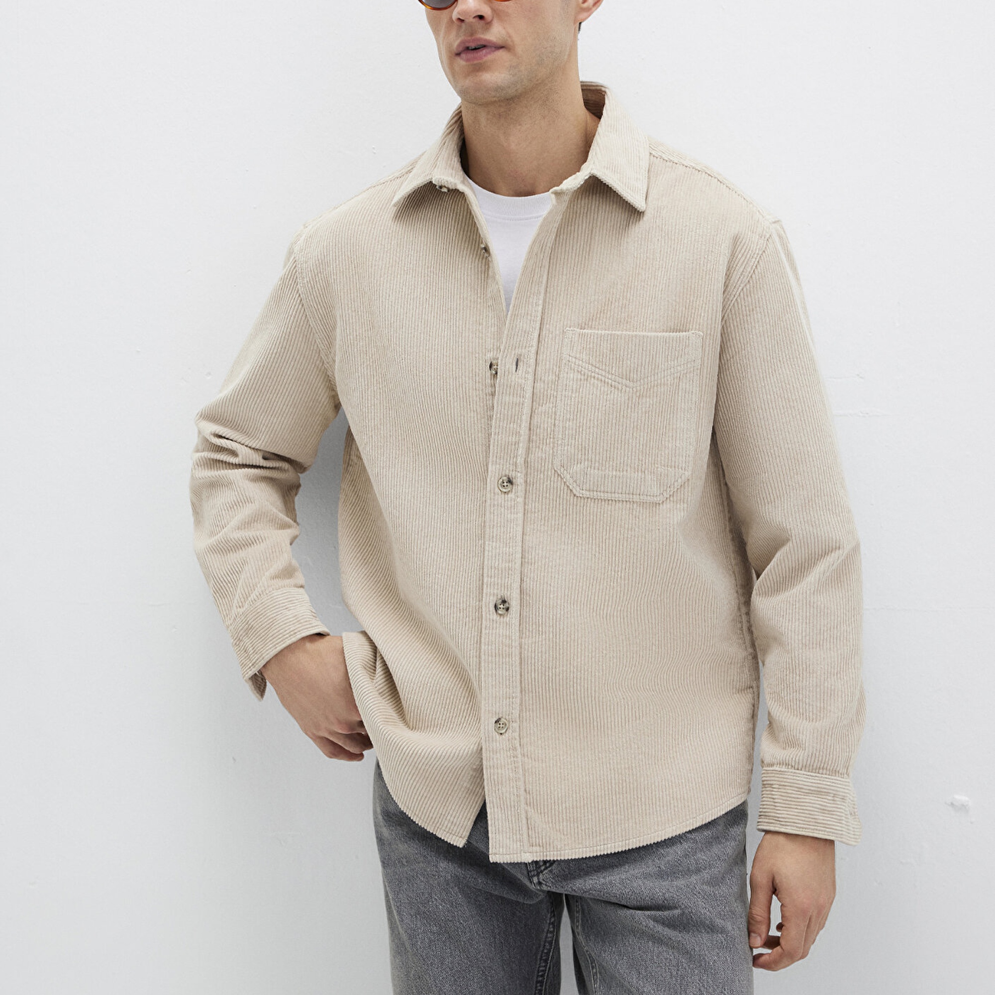 Mavi Bej Kadife Gömlek Loose Fit / Bol Rahat Kesim 0211749-70039