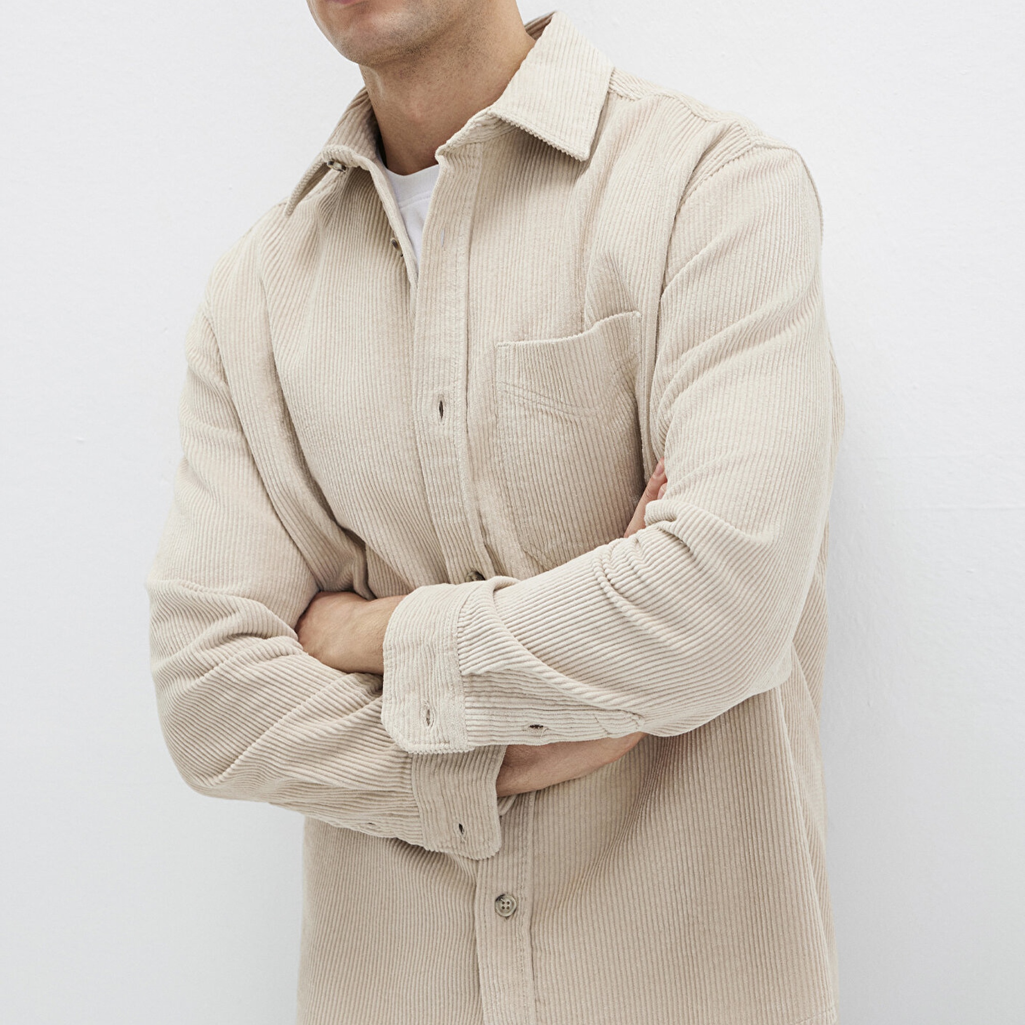 Mavi Bej Kadife Gömlek Loose Fit / Bol Rahat Kesim 0211749-70039