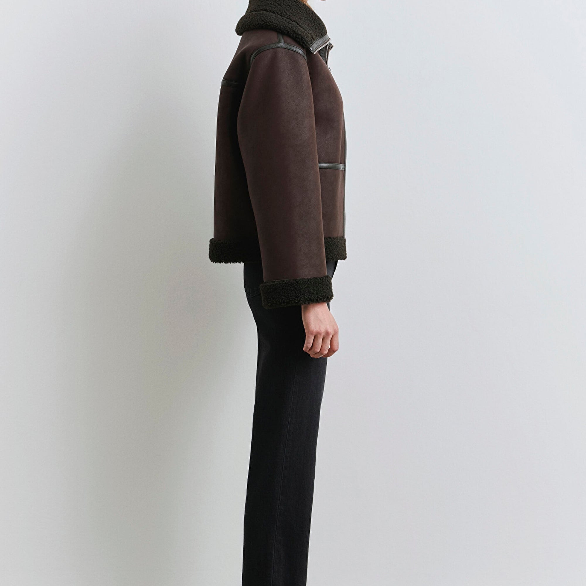 Mavi Suni Kürk Detaylı Kahverengi Suni Deri Ceket Oversize / Geniş Kesim 1110718-70219