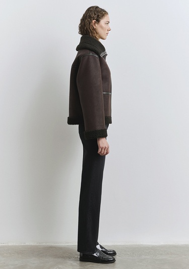  Mavi Suni Kürk Detaylı Kahverengi Suni Deri Ceket Oversize / Geniş Kesim 1110718-70219